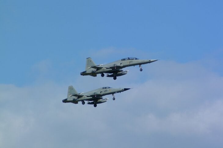 Two Republic of Korea Air Force KF-5E and KF-5F Tiger IIs on approach to land at Wonju