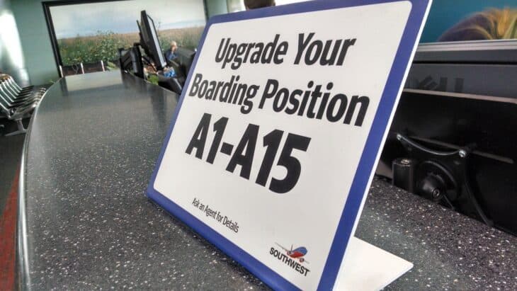 Southwest Airlines gate sign reading Upgrade Your Boarding Position A1-A15