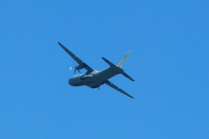 Spanish Air Force CASA C-295 in flight against a blue sky