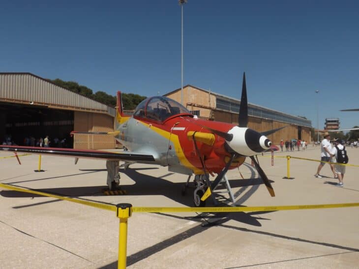 Spanish Air Force Pilatus PC-21 trainer in yellow and red livery on display