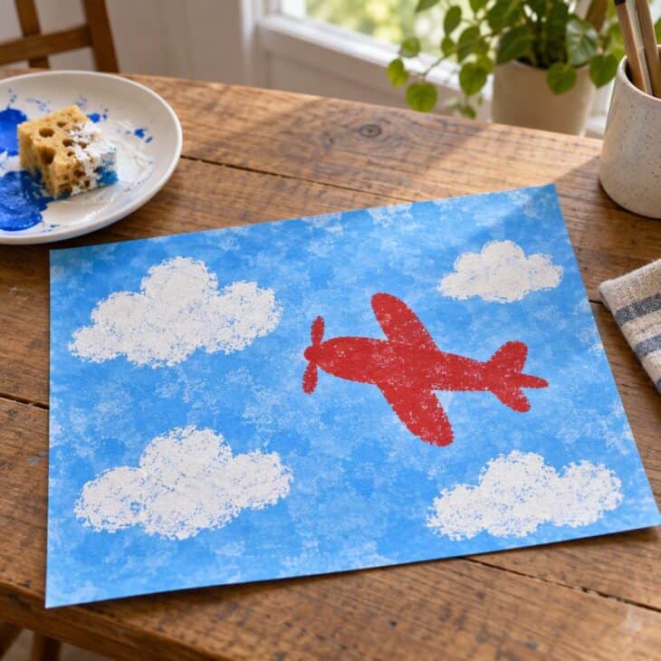 A sheet of paper with sponge-printed white clouds on a blue sky and a printed airplane shape in red