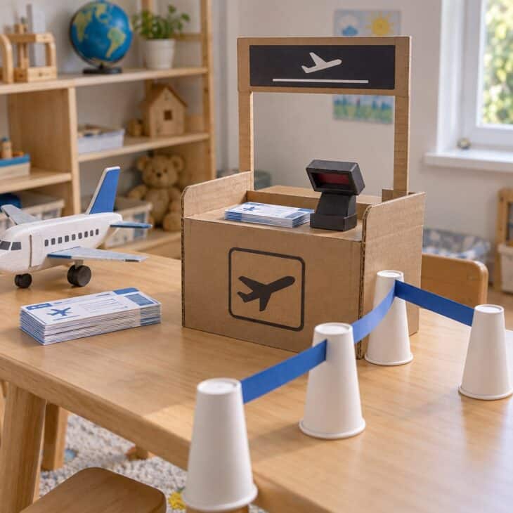 A small cardboard boarding gate desk with paper tickets
