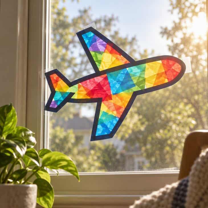 A colorful tissue paper airplane suncatcher taped to a sunlit window with light glowing through