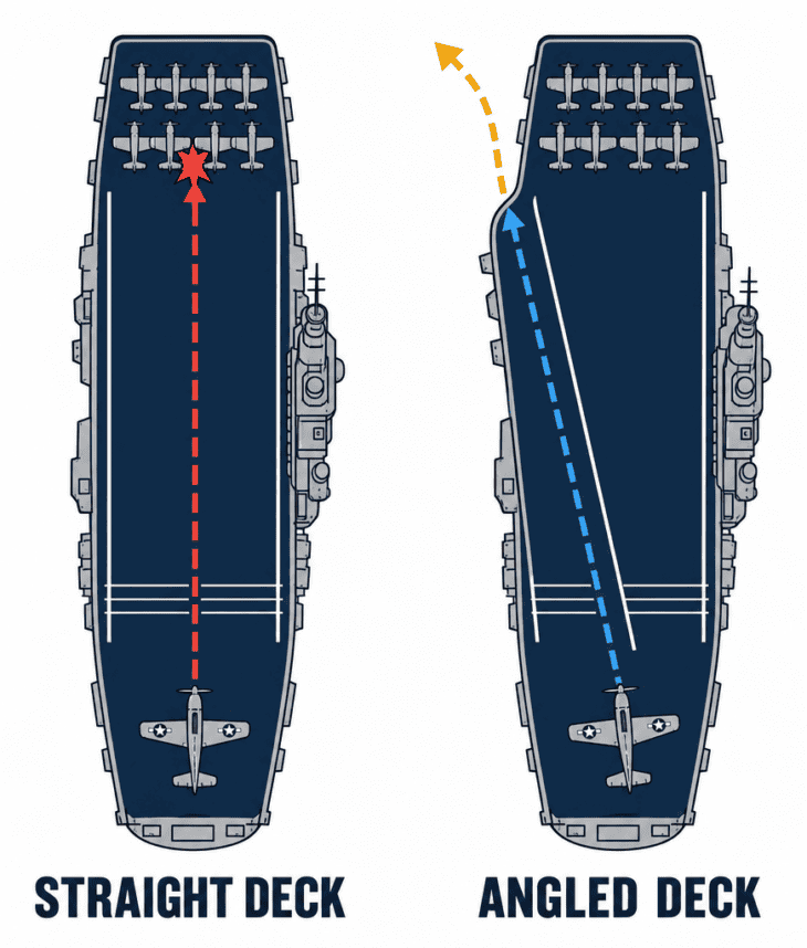 On a straight deck, a plane that missed the wires headed for the aircraft parked forward; the angled deck let it simply take off again.
