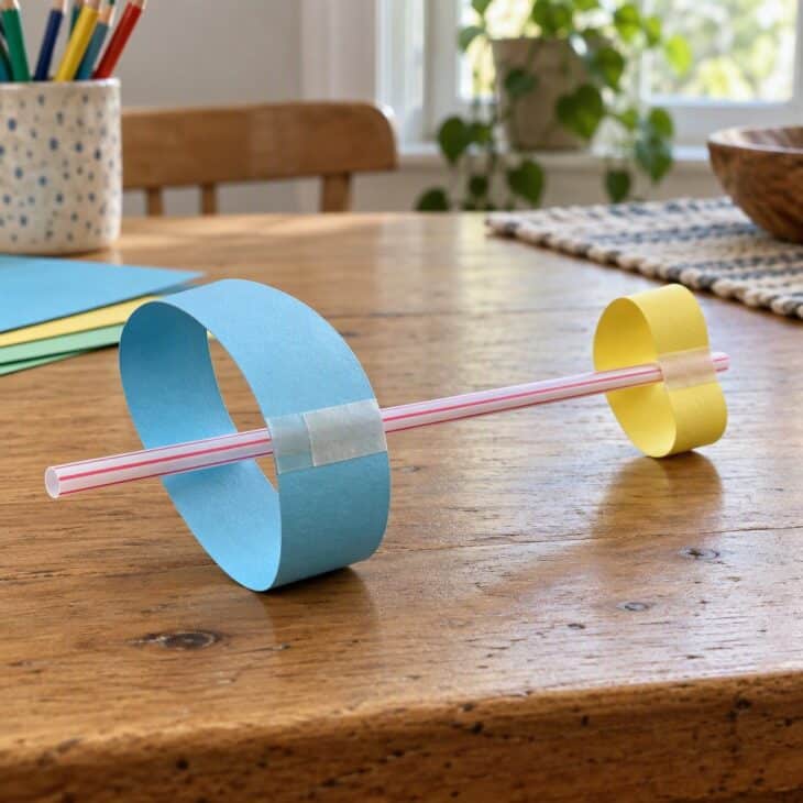 A glider built from a drinking straw and two cardstock rings taped on