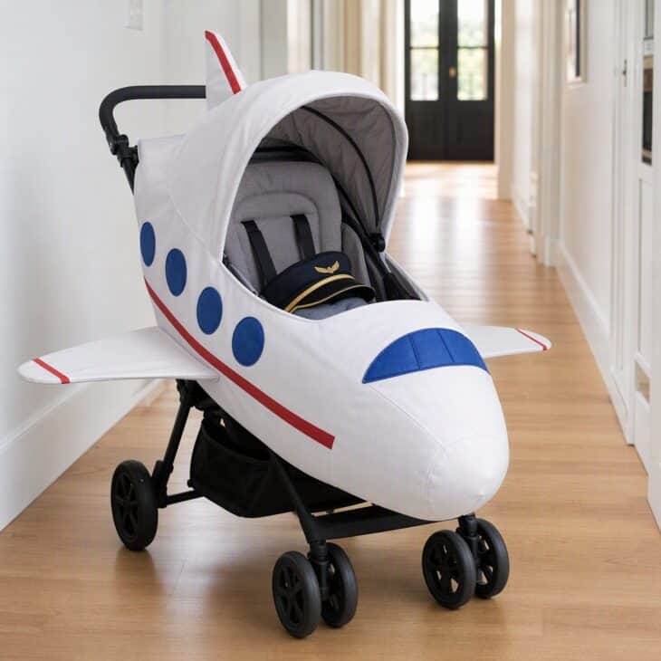 A cover and a pair of wings turn any stroller into a small plane.
