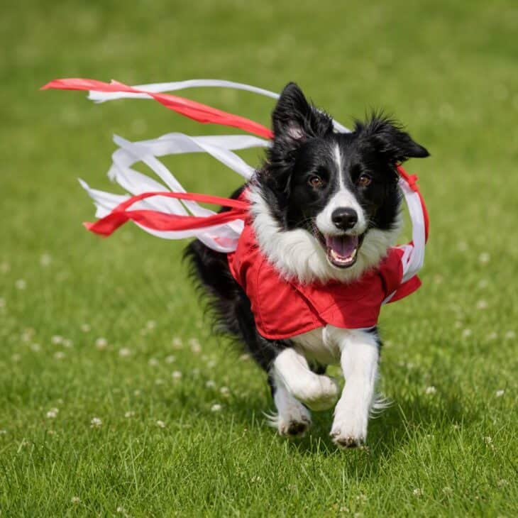 A border collie running on a lawn in a red flying jacket with long red and white ribbons streaming from the shoulders.