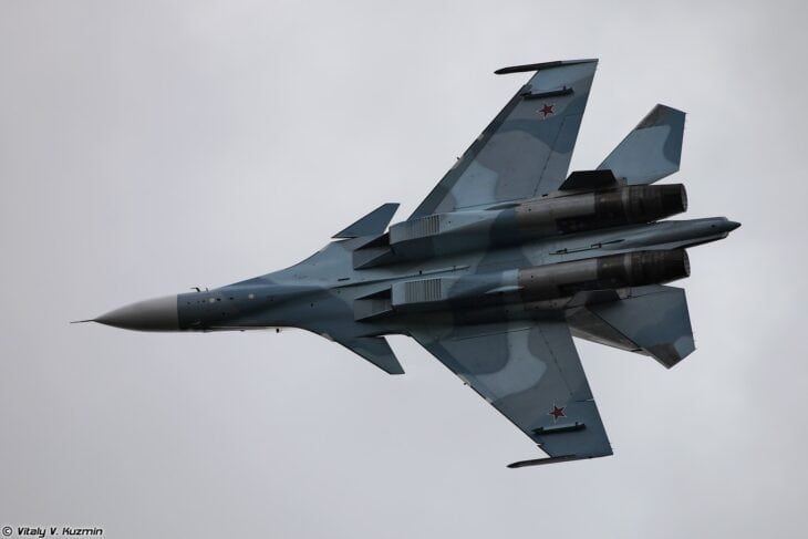 Russian Su-30SM seen from below in a banked turn at the MAKS air show