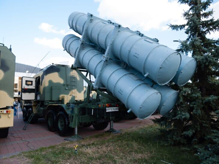 Ukrainian Neptune missile launcher with its blue missile canisters raised