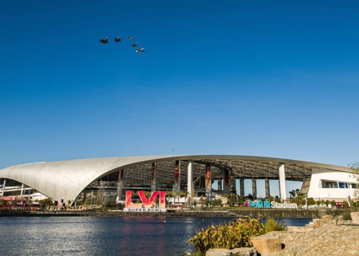 Aircraft formation crossing the sky above SoFi Stadium during the Super Bowl LVI flyover
