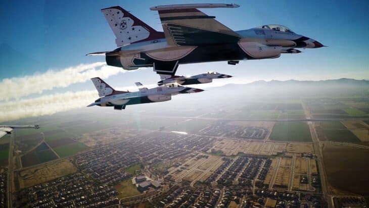 Air Force Thunderbirds F-16 Fighting Falcons in tight formation during the Super Bowl XLIX flyover