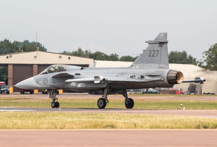 Swedish Air Force Saab JAS 39C Gripen taxiing, fin number 227, with the crown-and-roundel markings