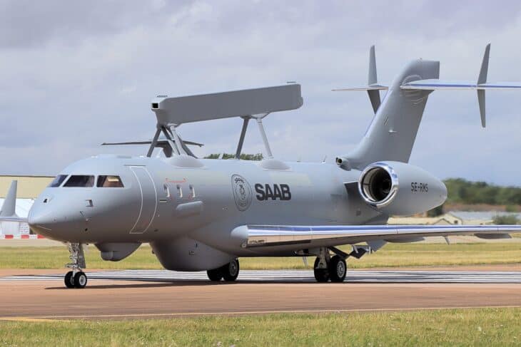 Saab GlobalEye airborne early warning aircraft SE-RMS on the ground with its Erieye radar bar on top
