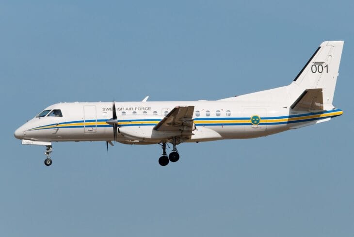 Swedish Air Force Saab 340 number 001 landing with gear down