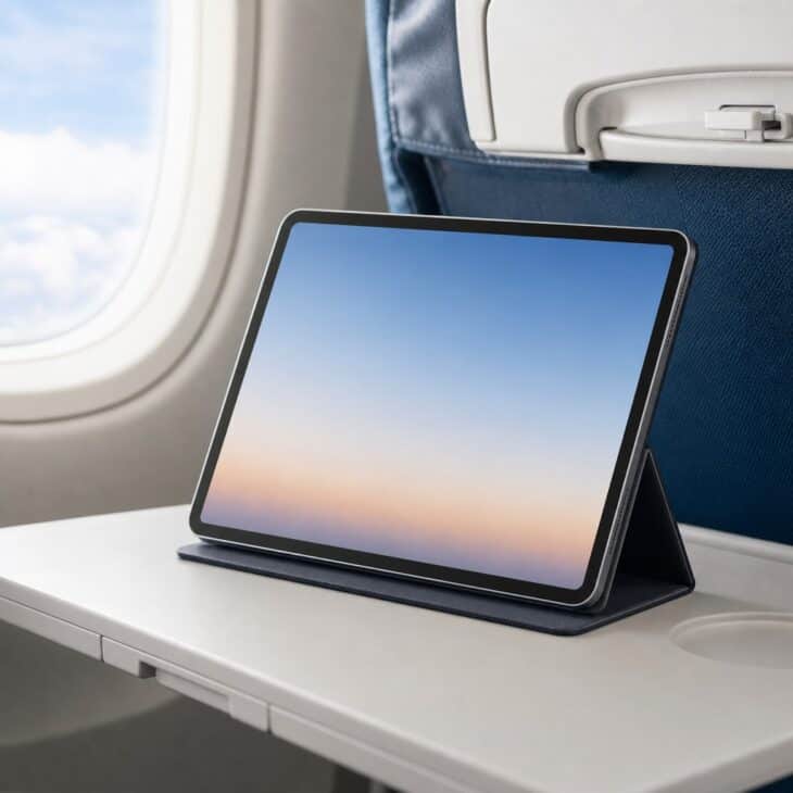 Tablet on a folding stand case on a tray table