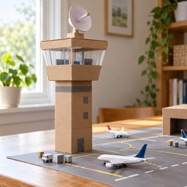 A small cardboard airport control tower made of stacked boxes with a clear window strip and a paper radar dish