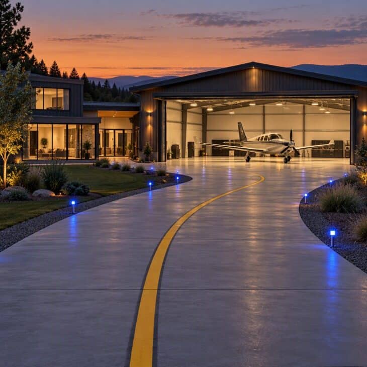 A taxiway-style drive makes the arrival feel like an approach.