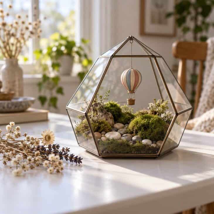 A terrarium puts a tiny balloon inside a little landscape.