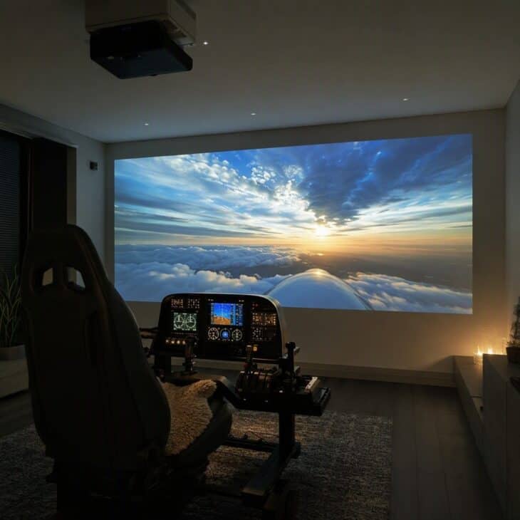A projector turns an entire wall into a panoramic outside view.