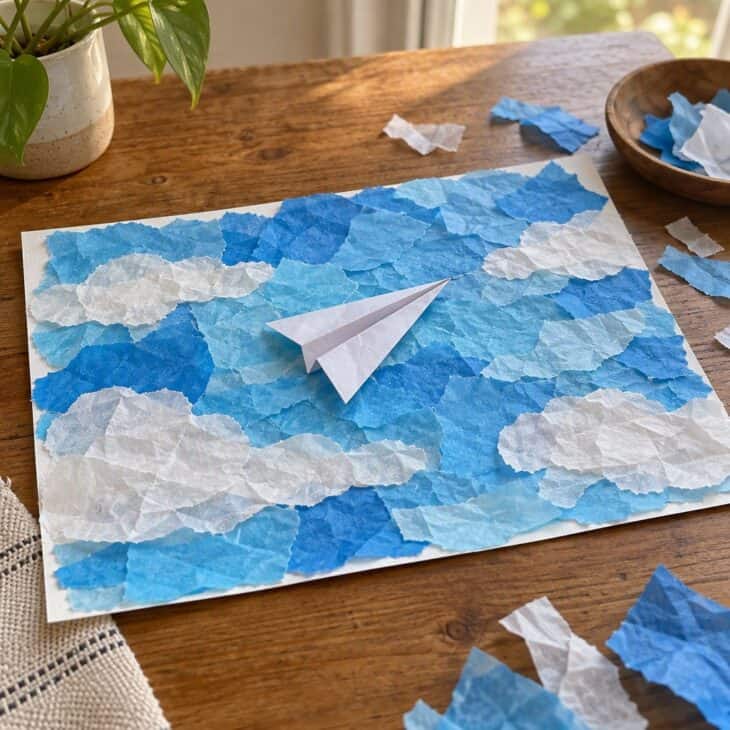 A sky collage of torn blue and white tissue paper with a small paper airplane glued in the middle