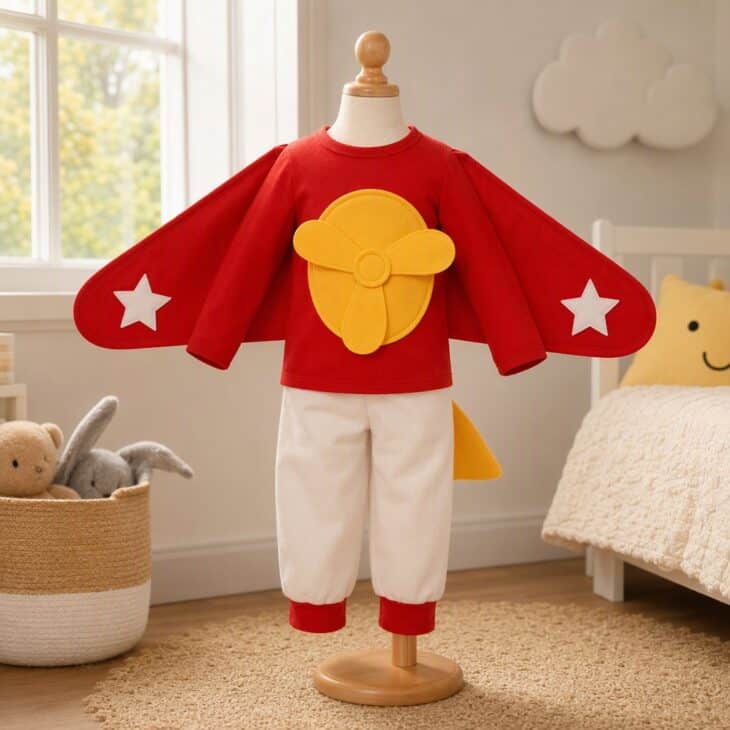 Wings that run along the arms let a toddler fly without extra props.