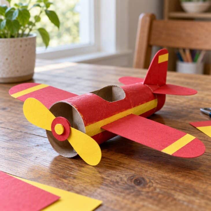 A cardboard tube airplane with flat cardstock wings and a paper propeller painted red and yellow on a table