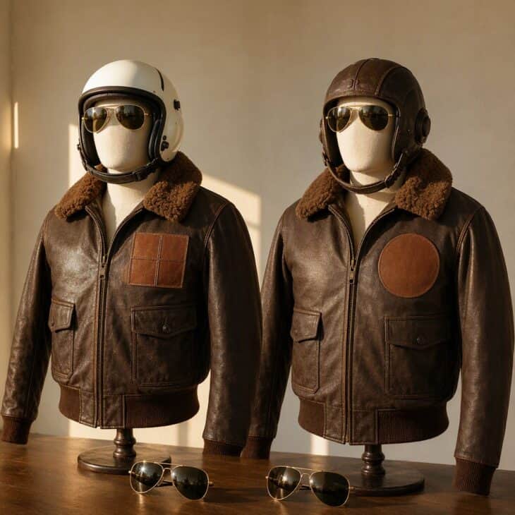 Two leather flight jackets with patches, helmets and gold aviator sunglasses.