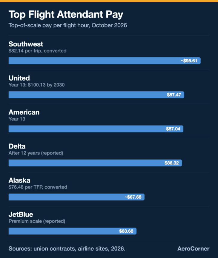 At the top of the scale, Southwest's per-trip rate converts to the highest hourly pay, while Delta, United and American sit within .15 of each other.