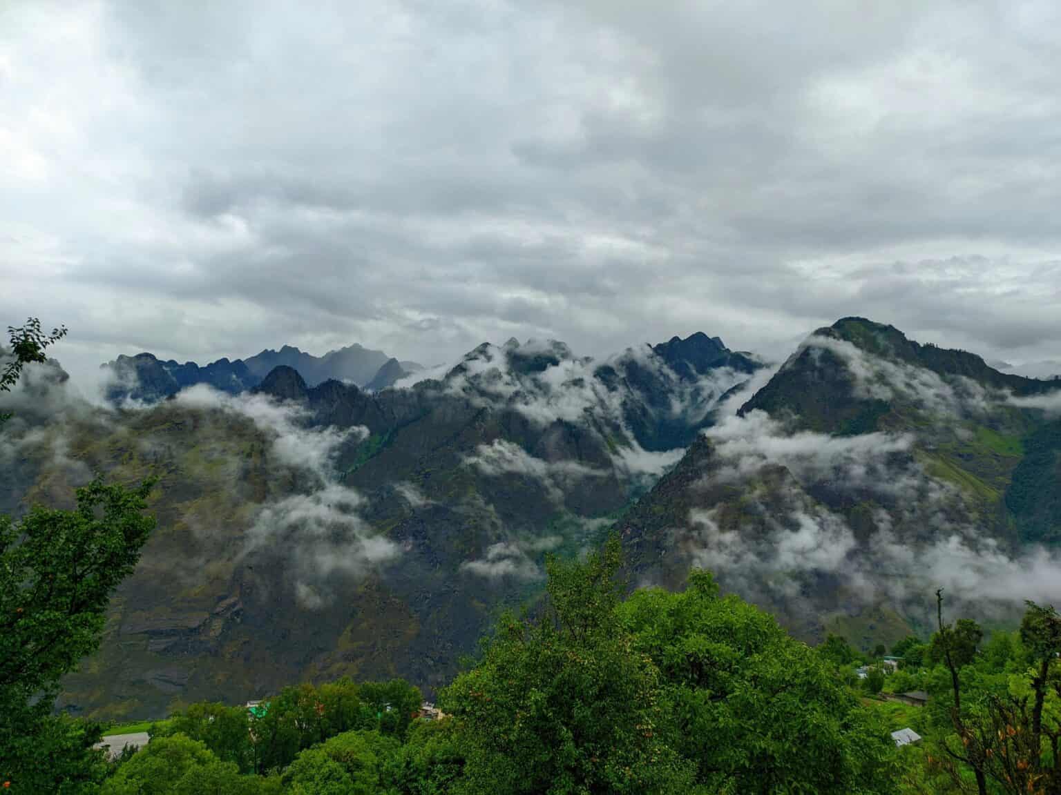 Cloud-covered Garhwal Himalayan peaks seen from Joshimath in Uttarakhand