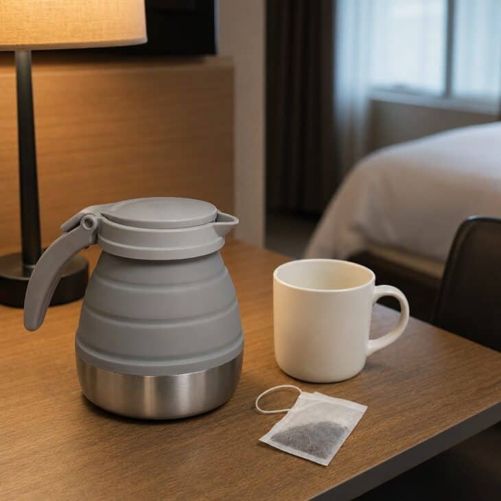 A tiny kettle gives crew a hot drink in any hotel room.