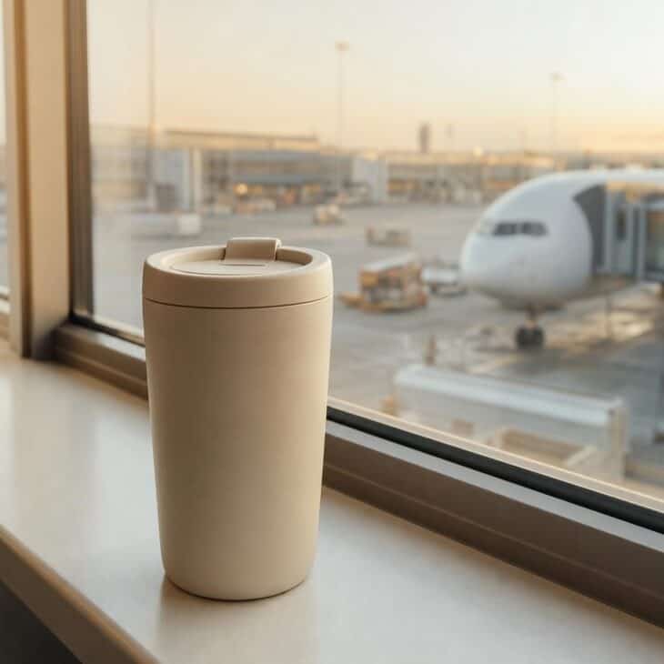 A leakproof mug keeps coffee hot from the crew van to the gate.