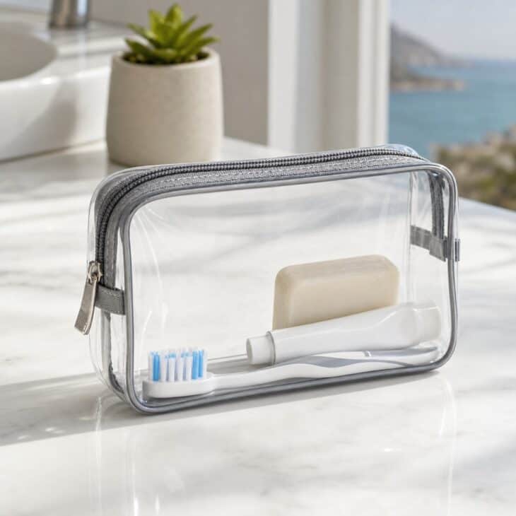 Clear zippered toiletry bag with toothbrush, toothpaste and a soap bar