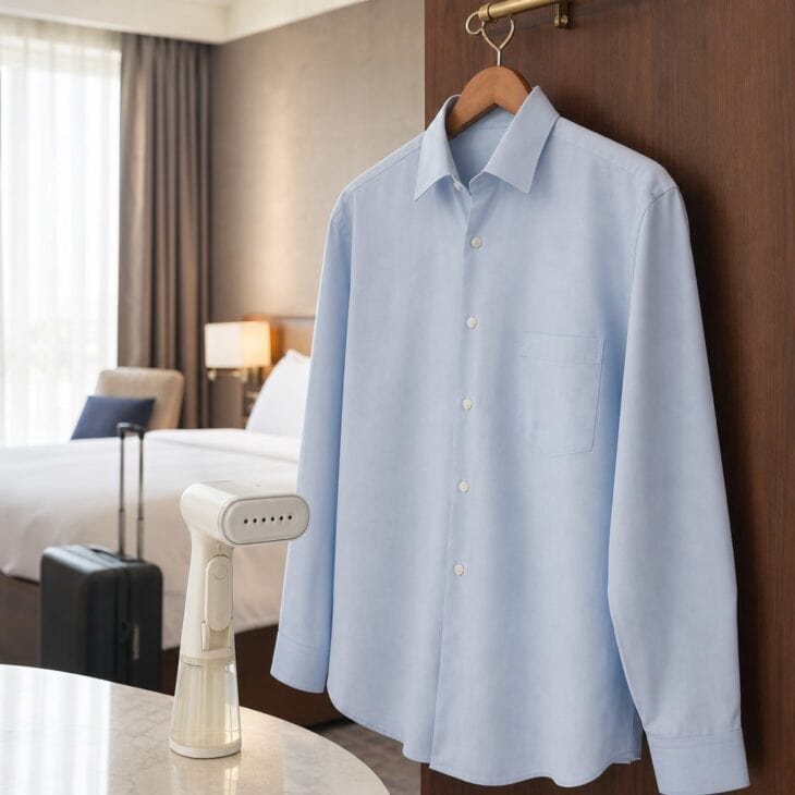 A mini steamer keeps a uniform sharp after a day in a bag.