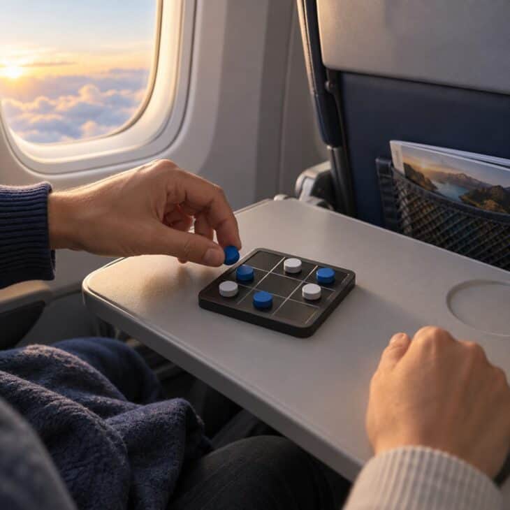 A magnetic board keeps pieces in place when the cabin bumps.