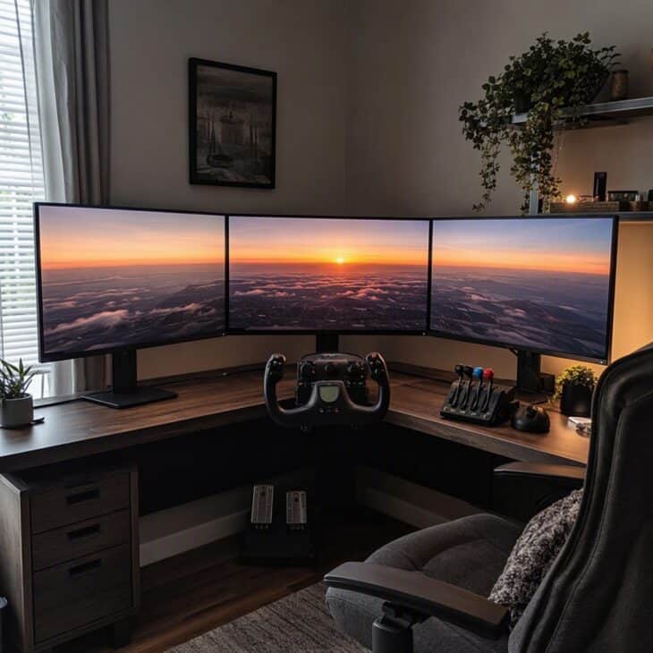 Three angled screens widen the view so turns and approaches feel natural.