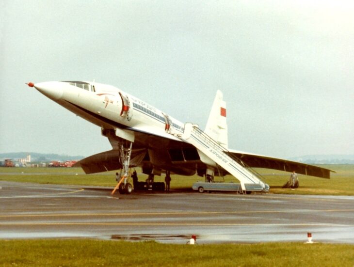 Tupolev Tu-144 in Aeroflot colours parked on the wet apron at Le Bourget during the 1973 Paris Air Show