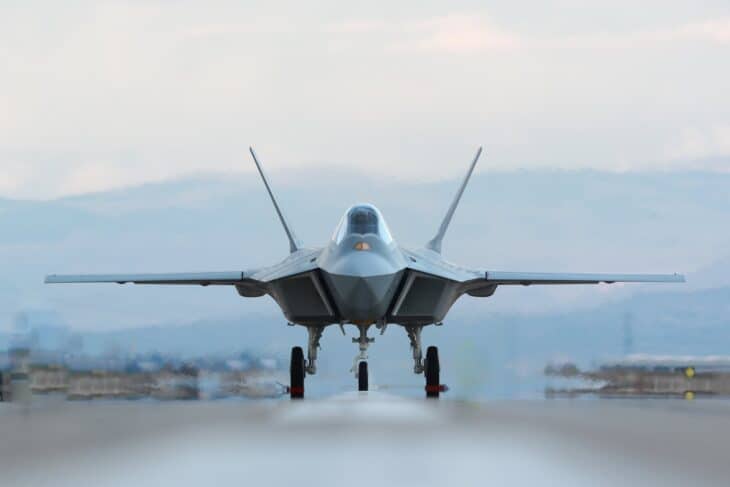 TAI KAAN prototype seen head-on during taxi trials at Ankara