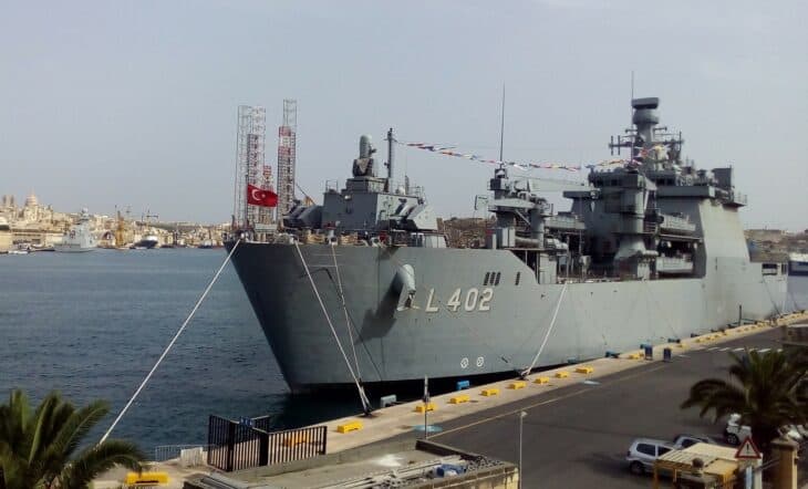 Turkish Bayraktar-class tank landing ship moored in Valletta harbor, Malta
