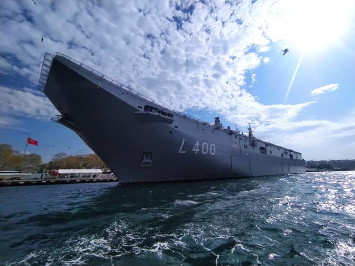 Bow of the amphibious assault ship TCG Anadolu (L-400) moored at Sarayburnu, Istanbul