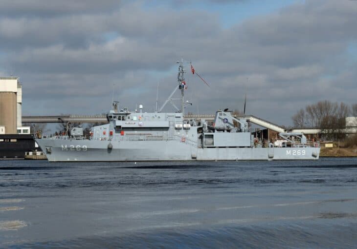 Turkish Aydın-class minehunter TCG Anamur (M 269) moored in a harbor