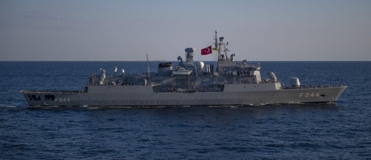 Turkish Barbaros-class frigate TCG Barbaros (F 244) underway at sea in profile