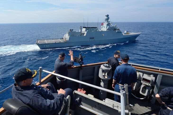 Turkish Ada-class corvette TCG Heybeliada (F 511) at sea in the Mediterranean