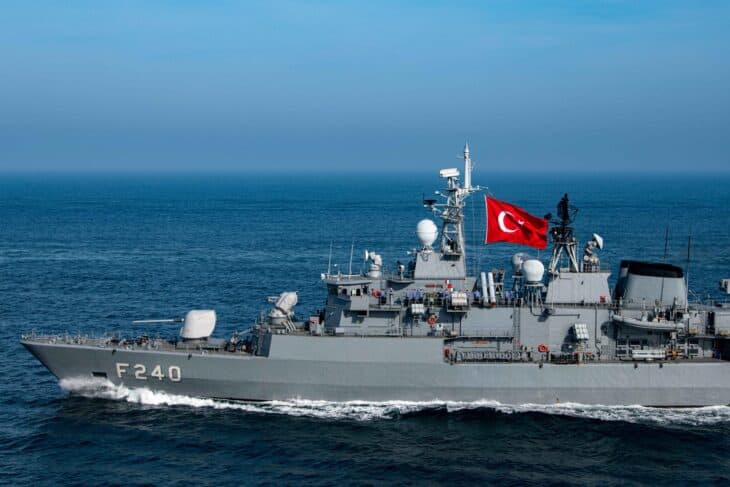 Turkish Yavuz-class frigate TCG Yavuz (F 240) underway with the Turkish flag flying