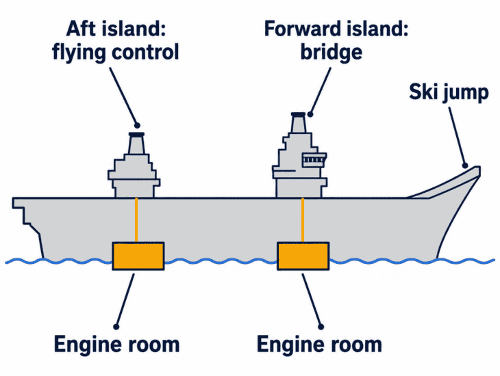 Splitting the island let each engine room send its exhaust up its own funnel, and moved flying control aft.