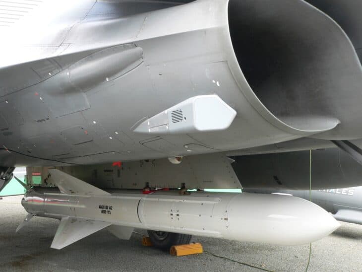 AM39 Exocet anti-ship missile hanging under the fuselage of a combat jet