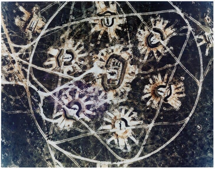 Aerial reconnaissance photograph of Soviet SA-2 surface-to-air missile launch sites in Cuba, arranged in a ring pattern
