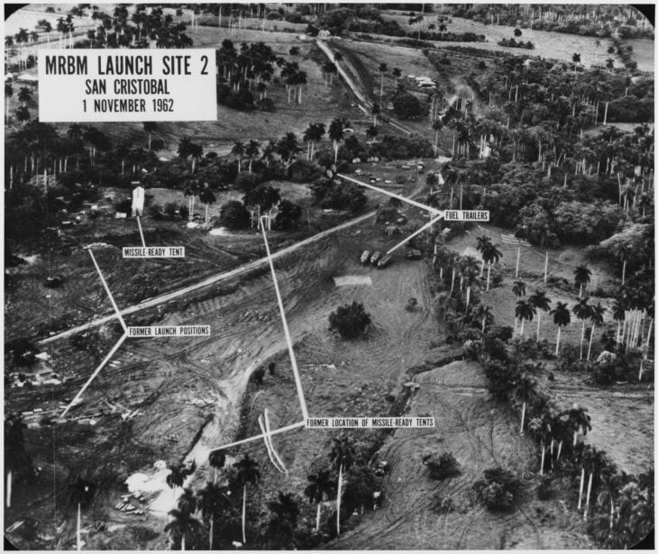 Black-and-white U-2 reconnaissance photograph of a Soviet medium-range ballistic missile launch site near San Cristobal, Cuba, labeled with missile and vehicle positions