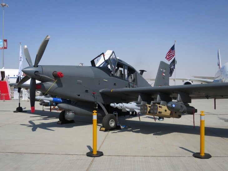 IOMAX Archangel armed turboprop with underwing weapons at Dubai Airshow 2015