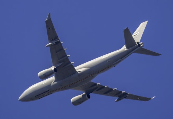 UAE Air Force Airbus A330 MRTT tanker seen from below in flight