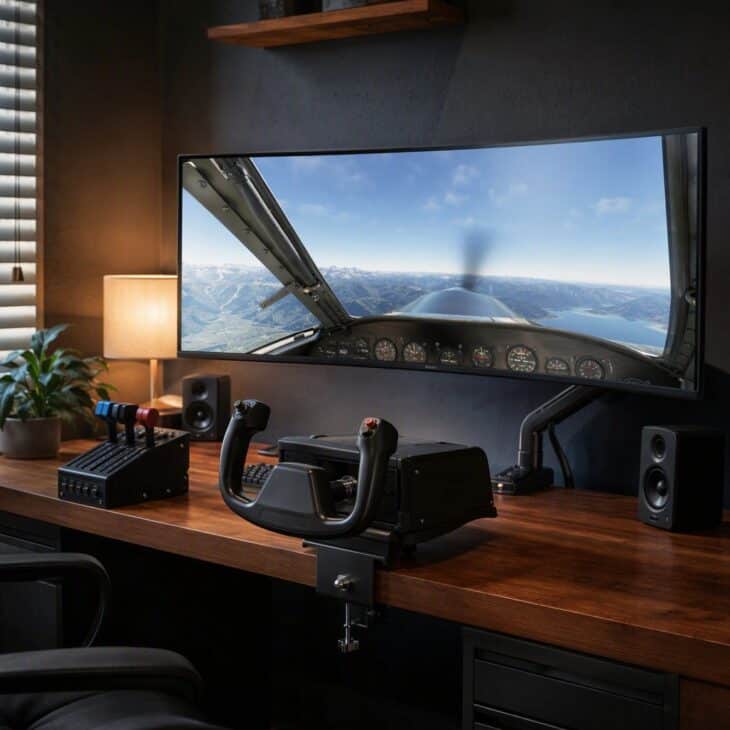 One curved ultrawide screen gives a panoramic view without bezels.